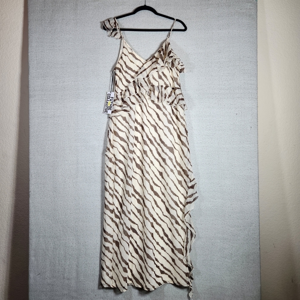 Future Collective Jenee Naylor Chic Ruffle Brown and Cream Women's M Dress - Picture 4 of 14